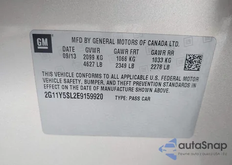 2014 Chevrolet Impala 1Ls from USA, damaged, VIN 2G11Y5SL2E9159920